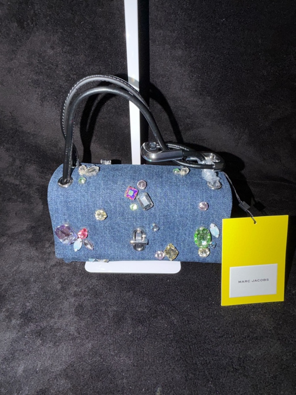 Marc Jacobs Denim Mini Barrel Bag with Multicolor Crystal Embellishments